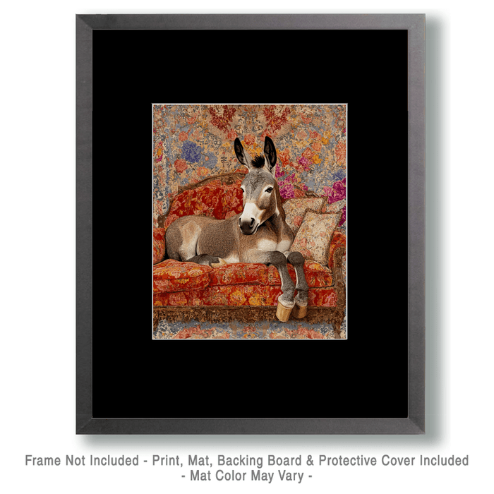 Mowbi - Donkey on Chaise Lounge - Bedroom Art Prints – 8″x10″ Artwork in 11″x14″ Mat