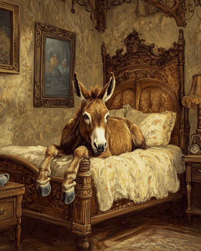Mowbi - Donkey Relaxing in Bed - Bedroom Art Prints – 8″x10″ Artwork in 11″x14″ Mat