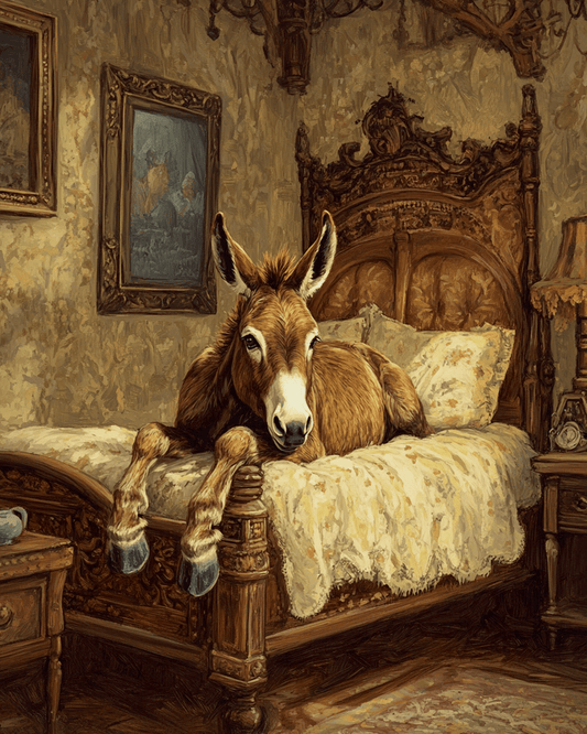 Mowbi - Donkey Relaxing in Bed - Bedroom Art Prints – 8″x10″ Artwork in 11″x14″ Mat
