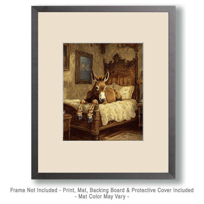 Mowbi - Donkey Relaxing in Bed - Bedroom Art Prints – 8″x10″ Artwork in 11″x14″ Mat