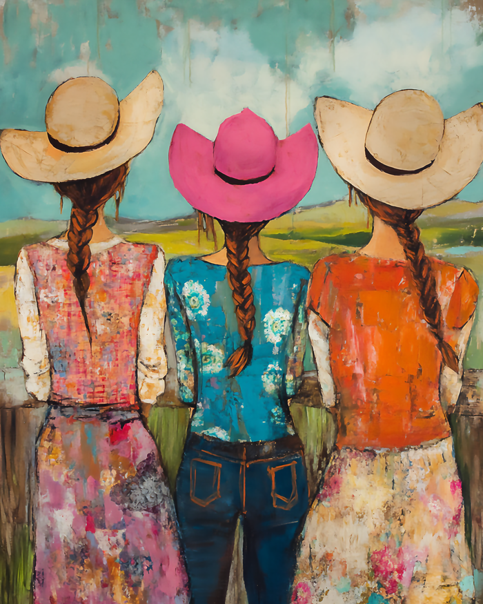 Mowbi - Folk Art Three Cowgirls - Wall Art Print - Coastal Cowgirl Couture - 8"x10" Artwork - 11"x14" Matte