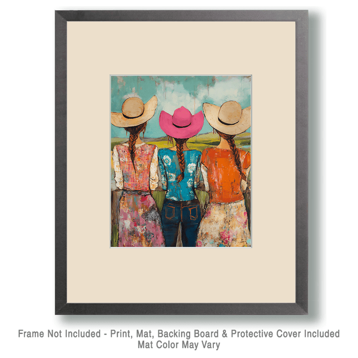 Mowbi - Folk Art Three Cowgirls - Wall Art Print - Coastal Cowgirl Couture - 8"x10" Artwork - 11"x14" Matte