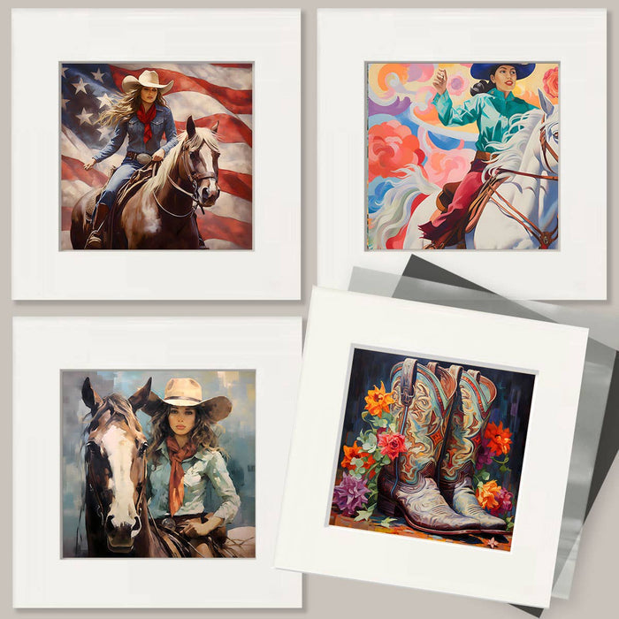 Mowbi - Folk Art Three Cowgirls - Wall Art Print - Coastal Cowgirl Couture - 8"x10" Artwork - 11"x14" Matte