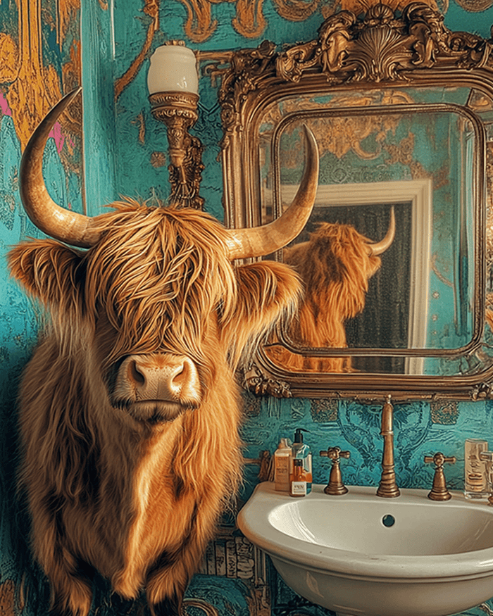 Mowbi - Highland Cow Looking in a Mirror - Bathroom Wall Art Prints – 8″x10″ Artwork for 11″x14″ Frame