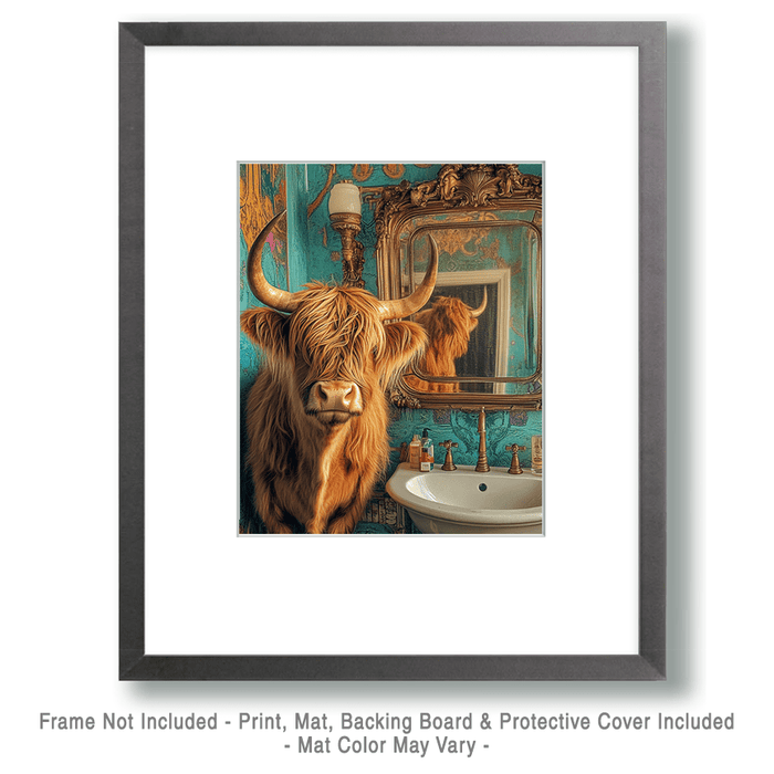 Mowbi - Highland Cow Looking in a Mirror - Bathroom Wall Art Prints – 8″x10″ Artwork for 11″x14″ Frame