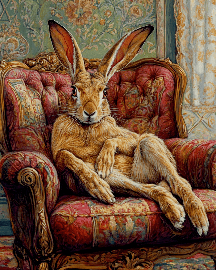 Mowbi - Jackrabbit Lounging in Chair - Bedroom Art Prints – 8″x10″ Artwork in 11″x14″ Mat
