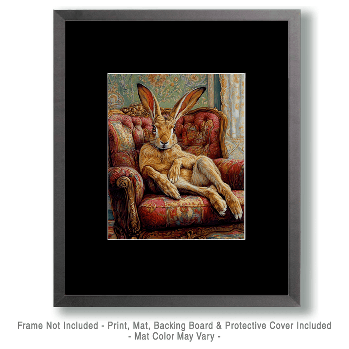 Mowbi - Jackrabbit Lounging in Chair - Bedroom Art Prints – 8″x10″ Artwork in 11″x14″ Mat