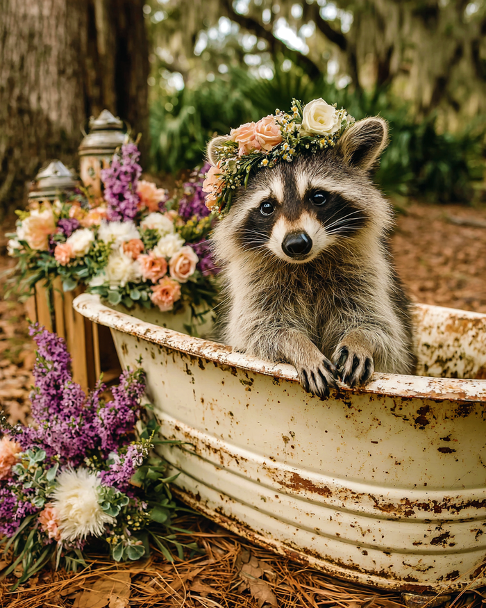 Mowbi - Raccoon Wearing a Wildflower Crown in and Old Vintage Bathtub