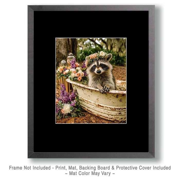 Mowbi - Raccoon Wearing a Wildflower Crown in and Old Vintage Bathtub