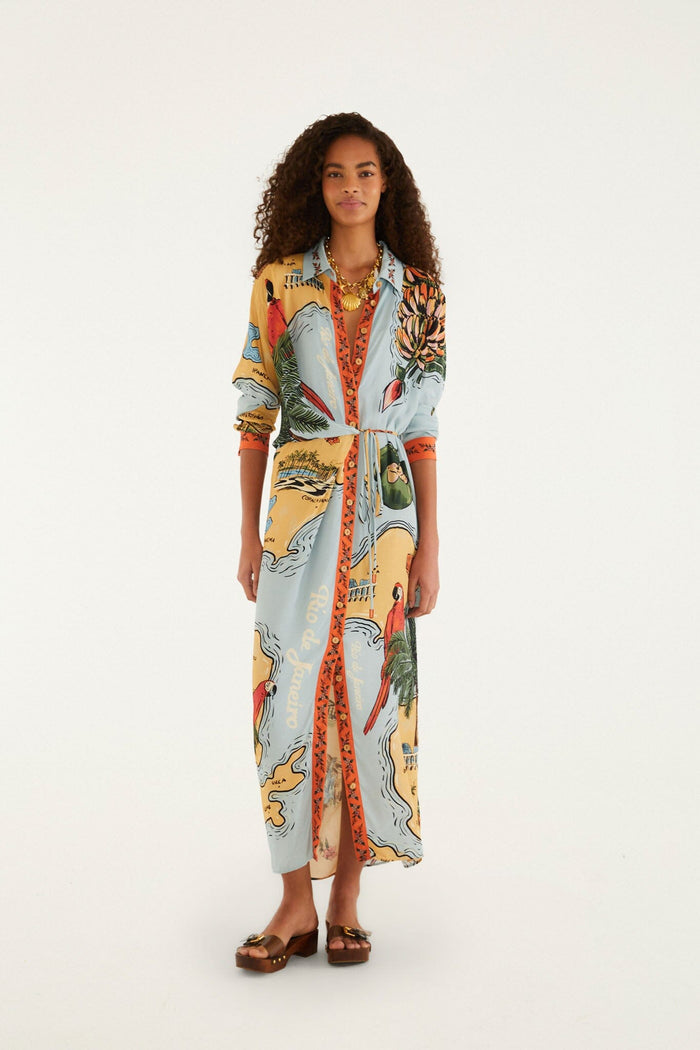 FARM Rio model wearing the Multicolor Beaches Path Collared Buttoned Maxi Dress