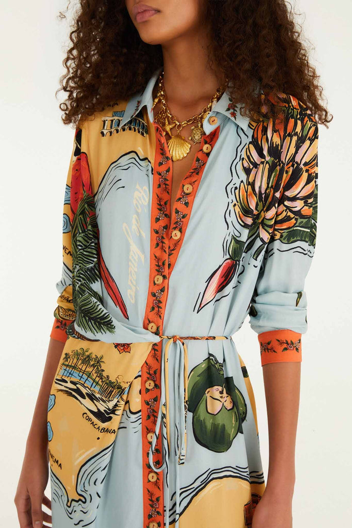 FARM Rio model wearing the Multicolor Beaches Path Collared Buttoned Maxi Dress