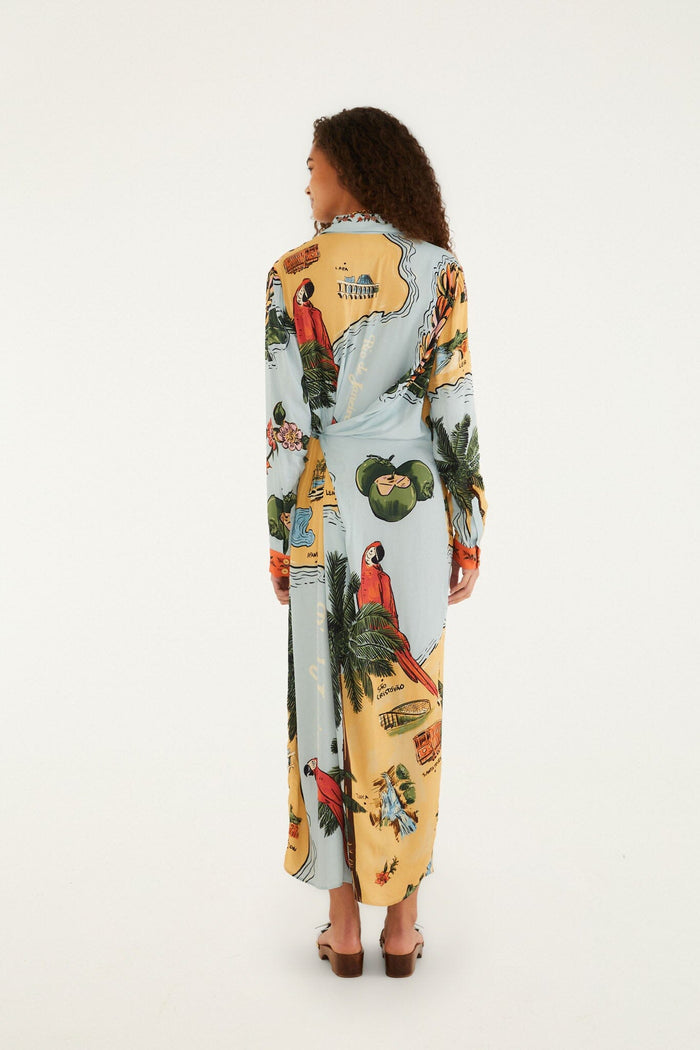 FARM Rio model wearing the Multicolor Beaches Path Collared Buttoned Maxi Dress