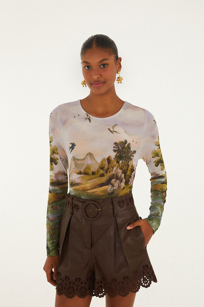 FARM Rio model wearing the Multicolor Countryside Landscape Long Sleeve Jersey Blouse