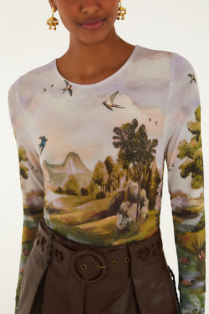 FARM Rio model wearing the Multicolor Countryside Landscape Long Sleeve Jersey Blouse