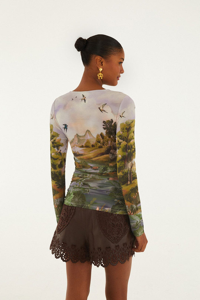 FARM Rio model wearing the Multicolor Countryside Landscape Long Sleeve Jersey Blouse