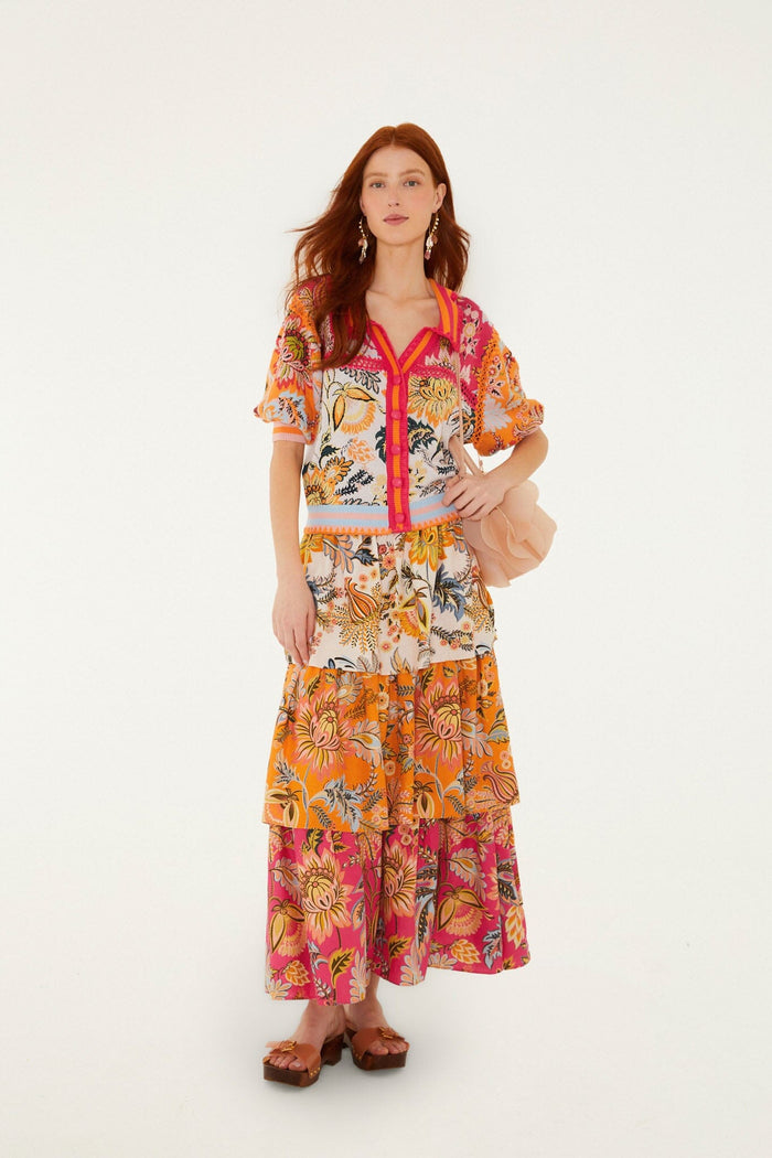 FARM Rio model wearing the Multicolor Ligia Floral Mix Layered Lenzing Ecovero Euroflax Midi Skirt