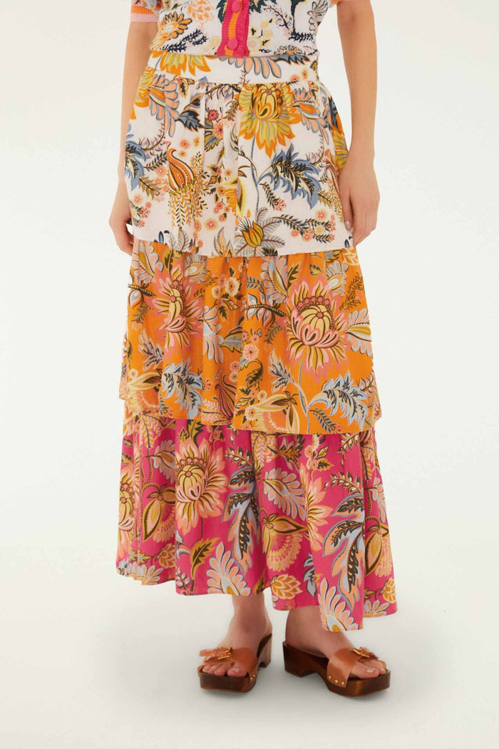FARM Rio model wearing the Multicolor Ligia Floral Mix Layered Lenzing Ecovero Euroflax Midi Skirt
