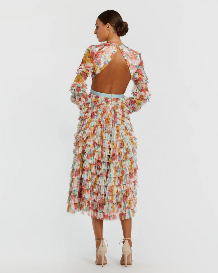 Multicolor Long Sleeve Ruffle Criss Cross Midi Dress Mac Duggal