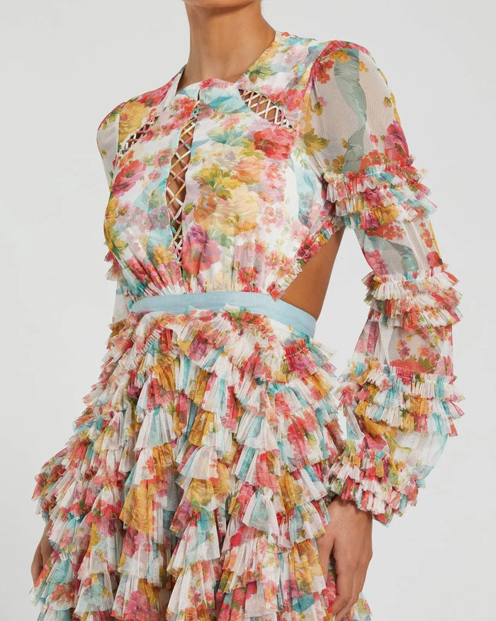 Multicolor Long Sleeve Ruffle Criss Cross Midi Dress Mac Duggal