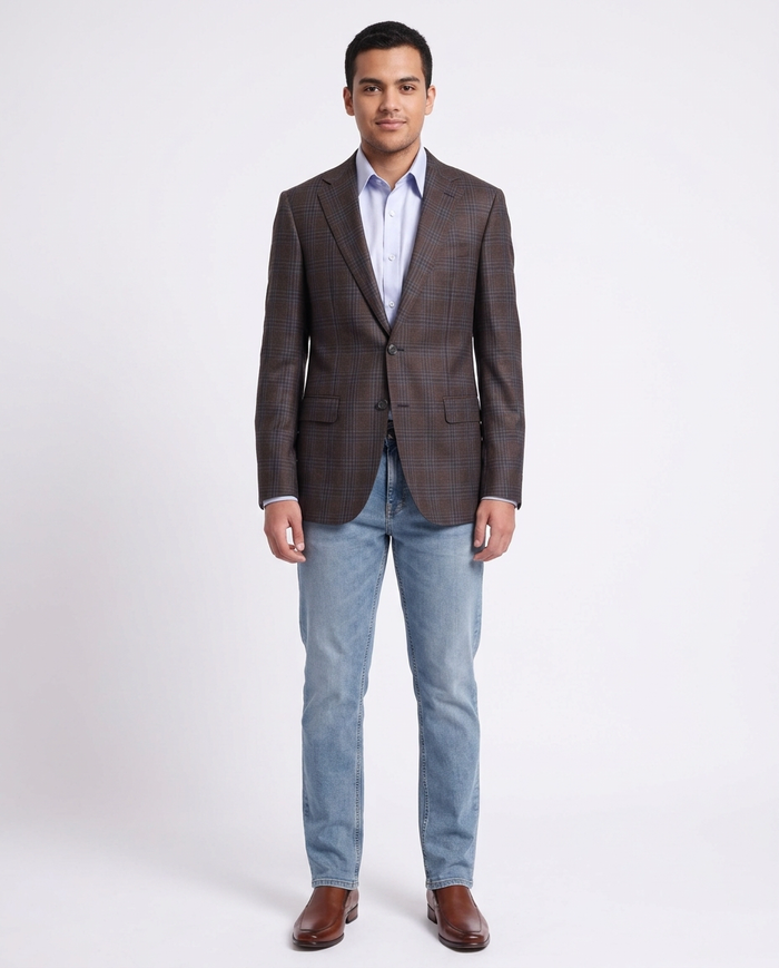 Napoli Slim Fit Brown & Blue Plaid Half Canvassed Reda Wool Blazer Sportcoat