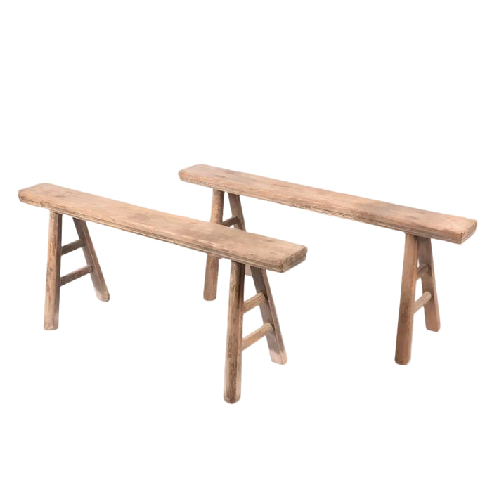 Narrow Elm Display Bench — two narrow benches with different worn outlines pictured together; Canggu Home