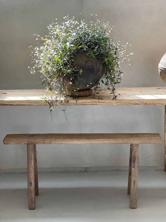 Narrow Elm Display Bench — one bench displayed below a console; Canggu Home