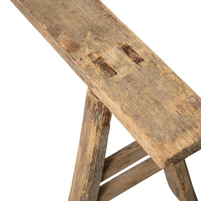 Narrow Elm Display Bench — close view of the narrow seat and old joinery marks; Canggu Home