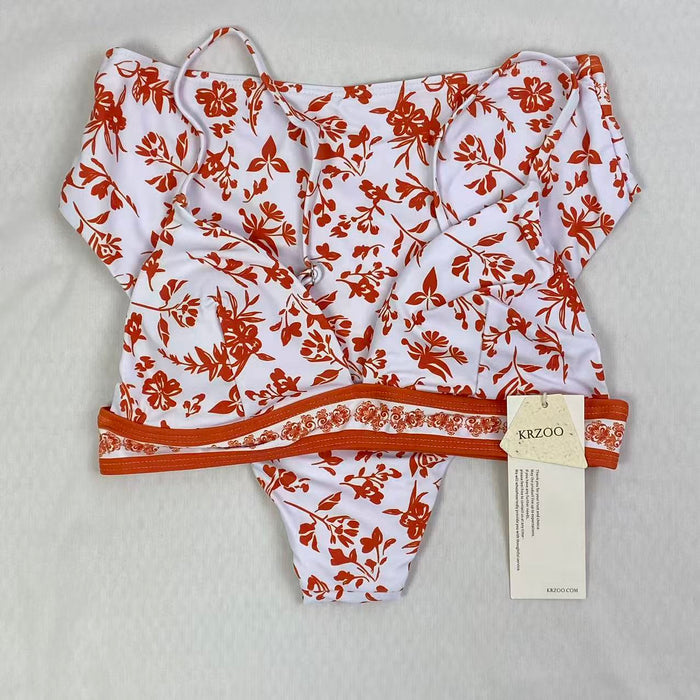 National pattern V-neck swimming suit