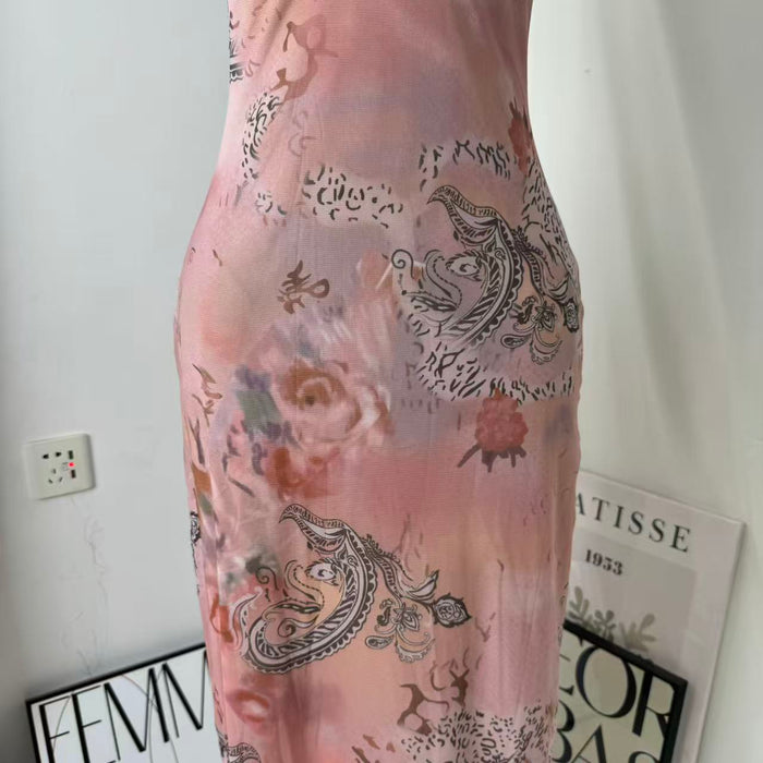 Neck-length fitted printed A-line dress