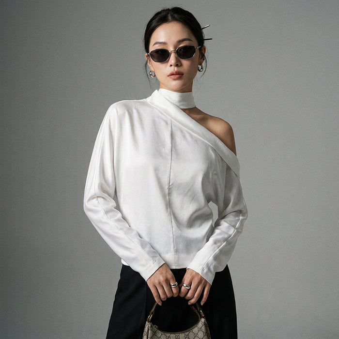 Haut femme blanc col oblique manches chauve-souris - Koreanxwear - Taille S