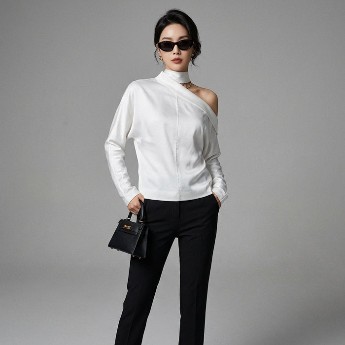 Haut femme blanc col oblique manches chauve-souris - Koreanxwear - Taille S