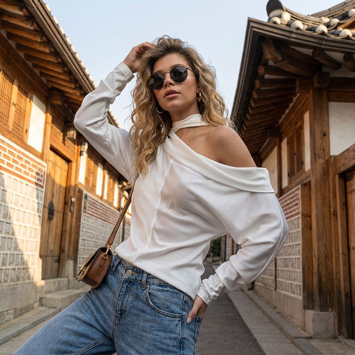 Haut femme blanc col oblique manches chauve-souris - Koreanxwear