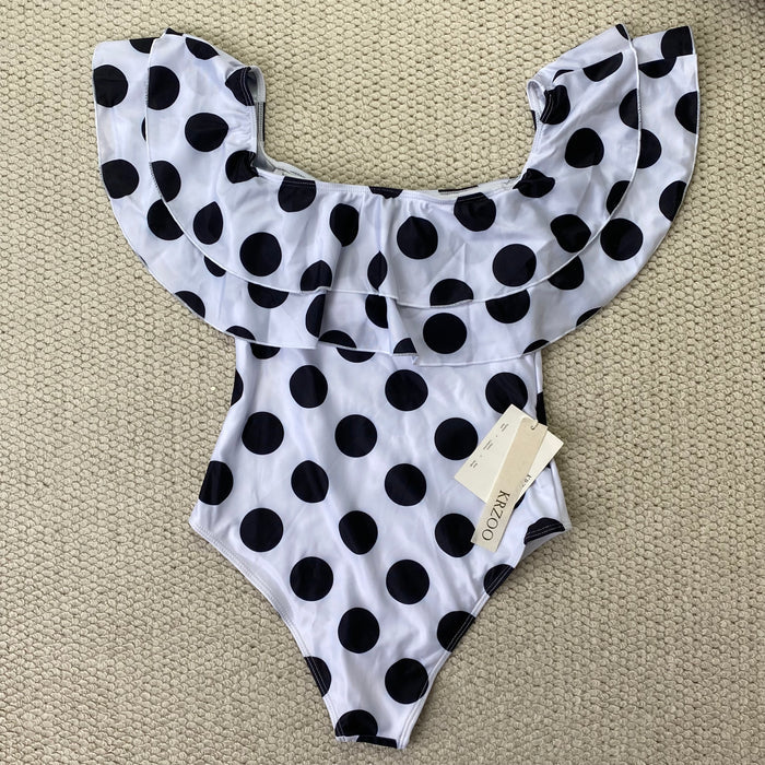 Off-the-shoulder polka-dot ruffled swimsuit