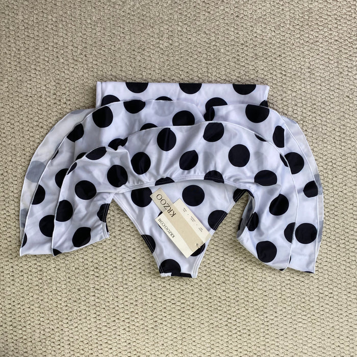 Off-the-shoulder polka-dot ruffled swimsuit