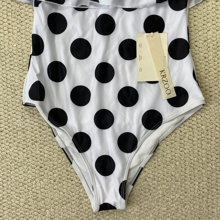 Off-the-shoulder polka-dot ruffled swimsuit