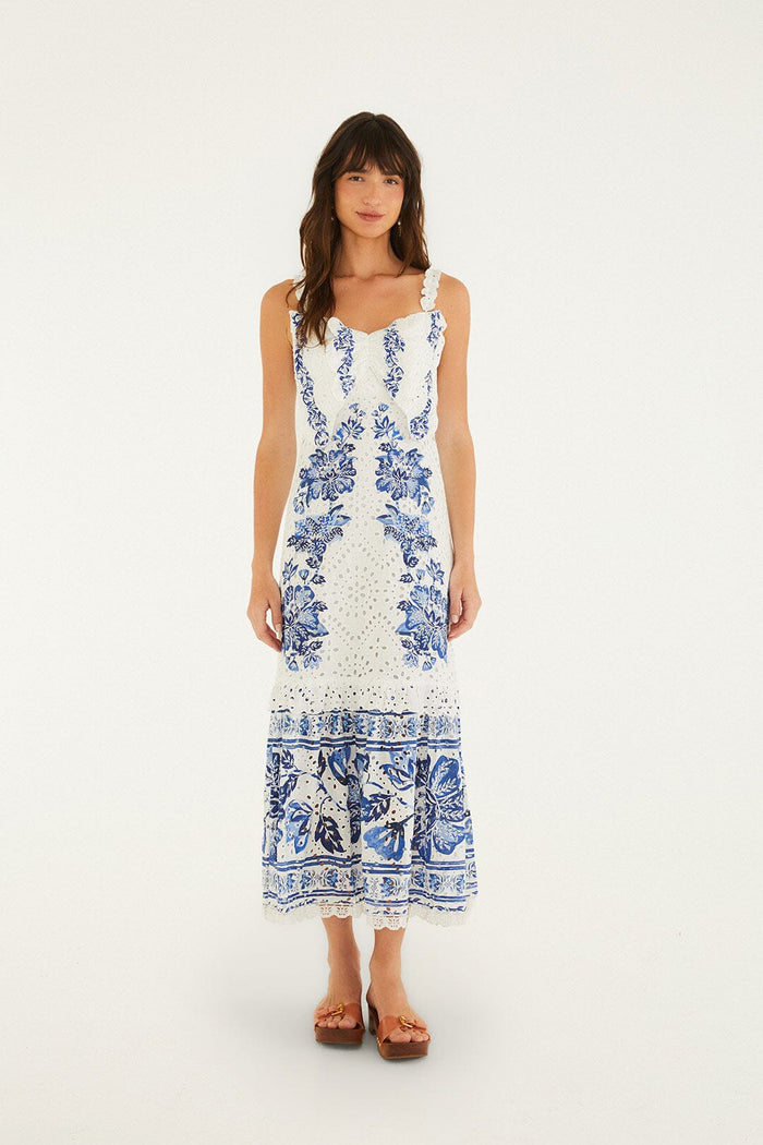 FARM Rio model wearing the Off-White Beautiful Nature Eyelet Midi Dress