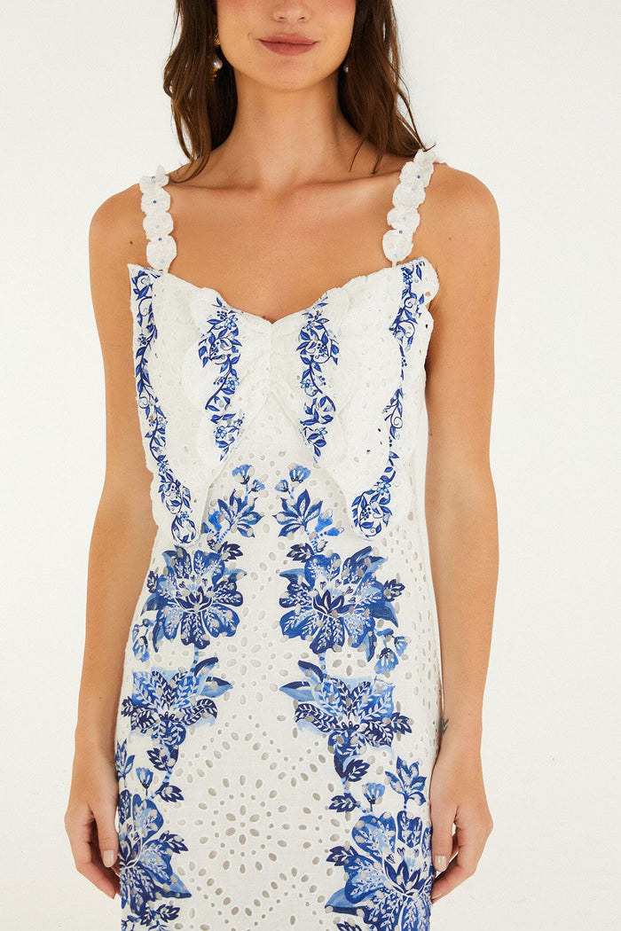 FARM Rio model wearing the Off-White Beautiful Nature Eyelet Midi Dress