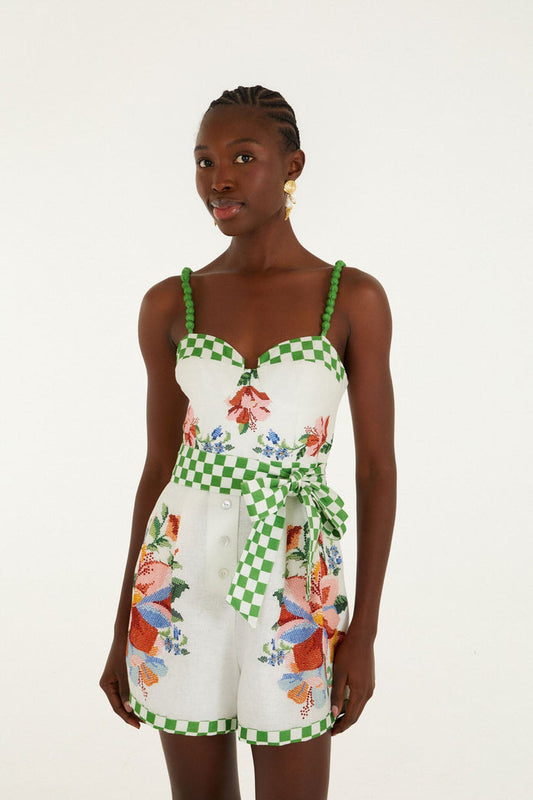 FARM Rio model wearing the Off-White Calm Breeze Beaded Straps Belted Romper