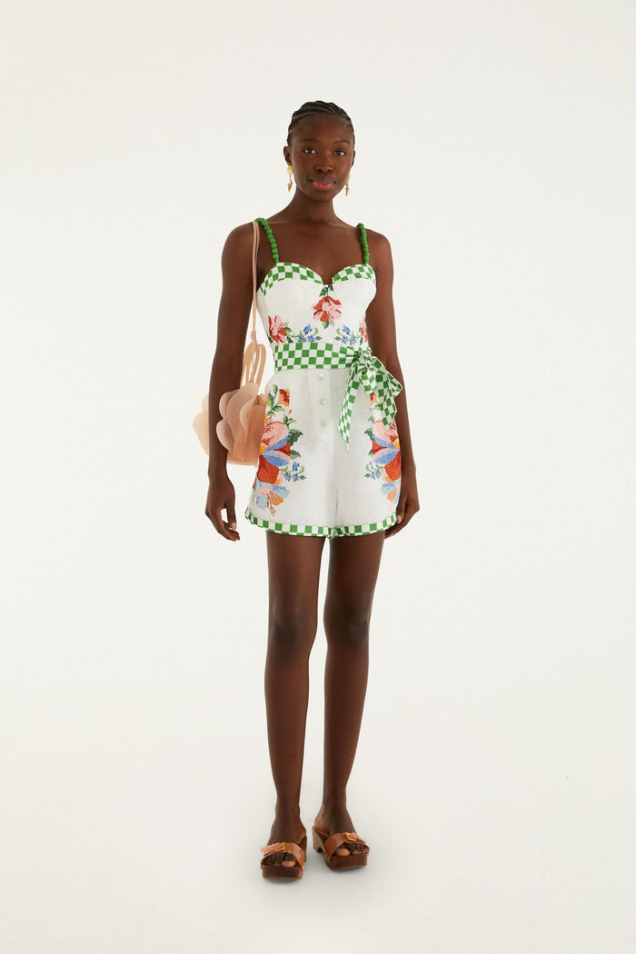 FARM Rio model wearing the Off-White Calm Breeze Beaded Straps Belted Romper