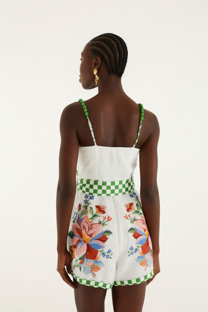 FARM Rio model wearing the Off-White Calm Breeze Beaded Straps Belted Romper