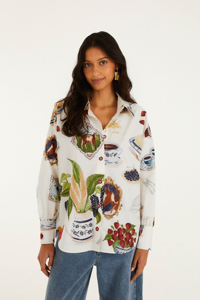 FARM Rio model wearing the Off-White Country Table Buttoned Shirt