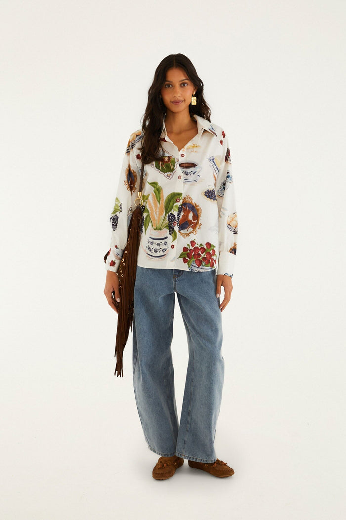 FARM Rio model wearing the Off-White Country Table Buttoned Shirt