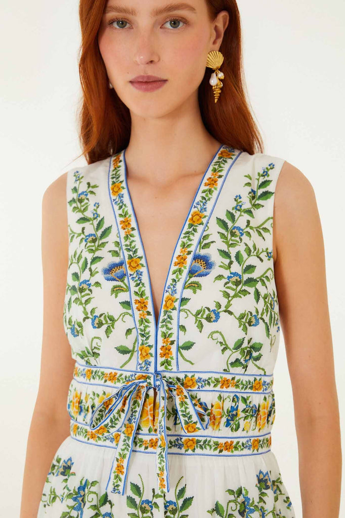 FARM Rio model wearing the Off-White Emily Floral Tapestry Ruffled Mini Dress
