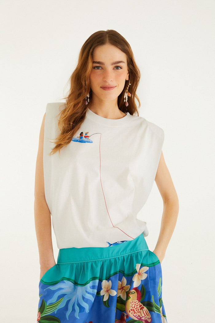 FARM Rio model wearing the Off-White Fishing Dreams Padded Shoulder T-Shirt