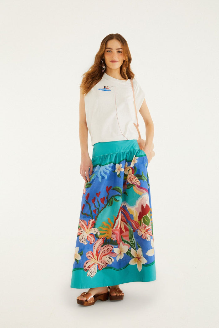 FARM Rio model wearing the Off-White Fishing Dreams Padded Shoulder T-Shirt