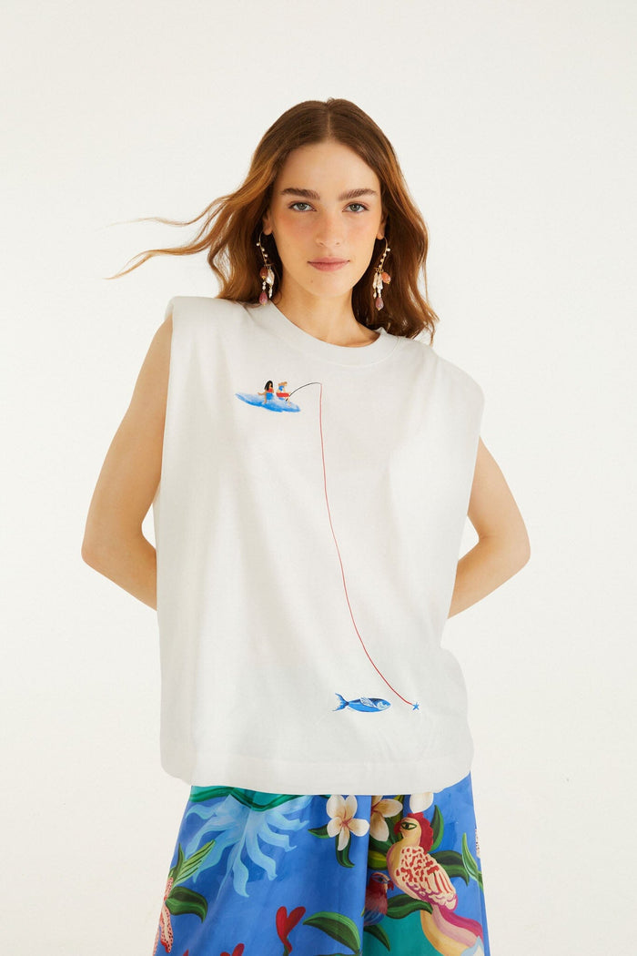 FARM Rio model wearing the Off-White Fishing Dreams Padded Shoulder T-Shirt