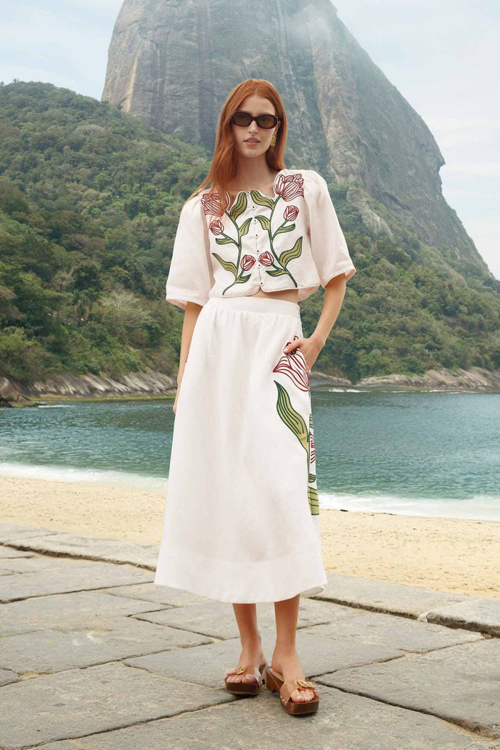 FARM Rio model wearing the Off-White Flower Embroidered Euroflax Premium Linen Midi Skirt