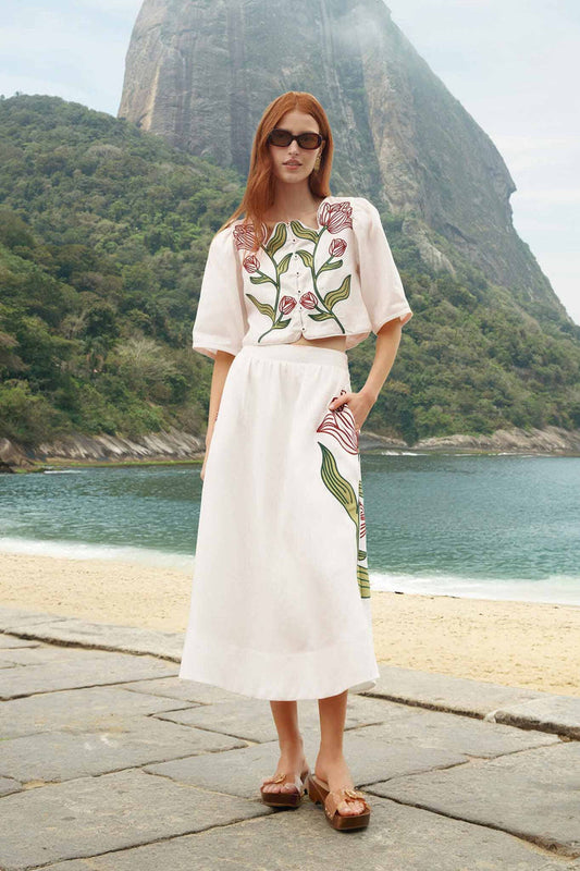FARM Rio model wearing the Off-White Flower Embroidered Euroflax Premium Linen Midi Skirt
