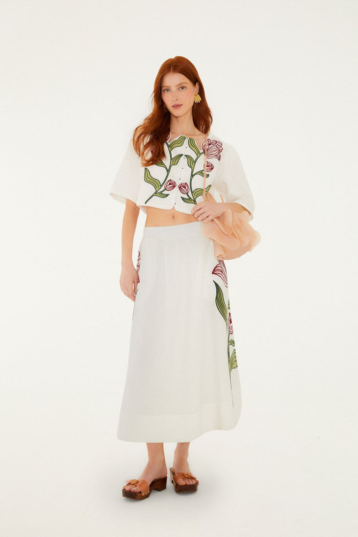 FARM Rio model wearing the Off-White Flower Embroidered Euroflax Premium Linen Midi Skirt
