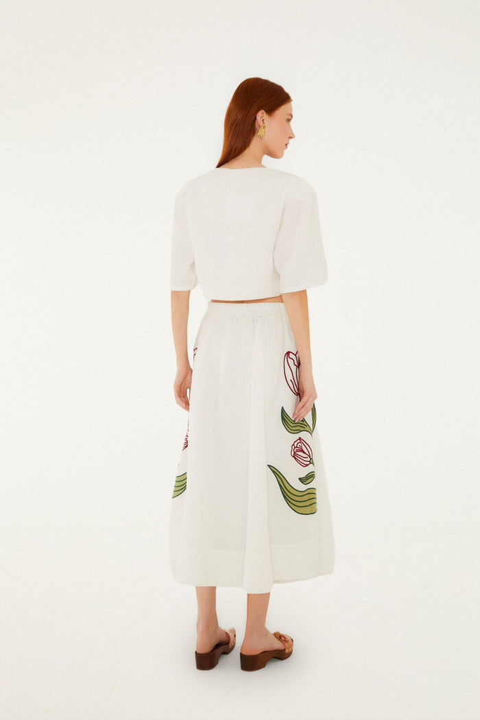 FARM Rio model wearing the Off-White Flower Embroidered Euroflax Premium Linen Midi Skirt